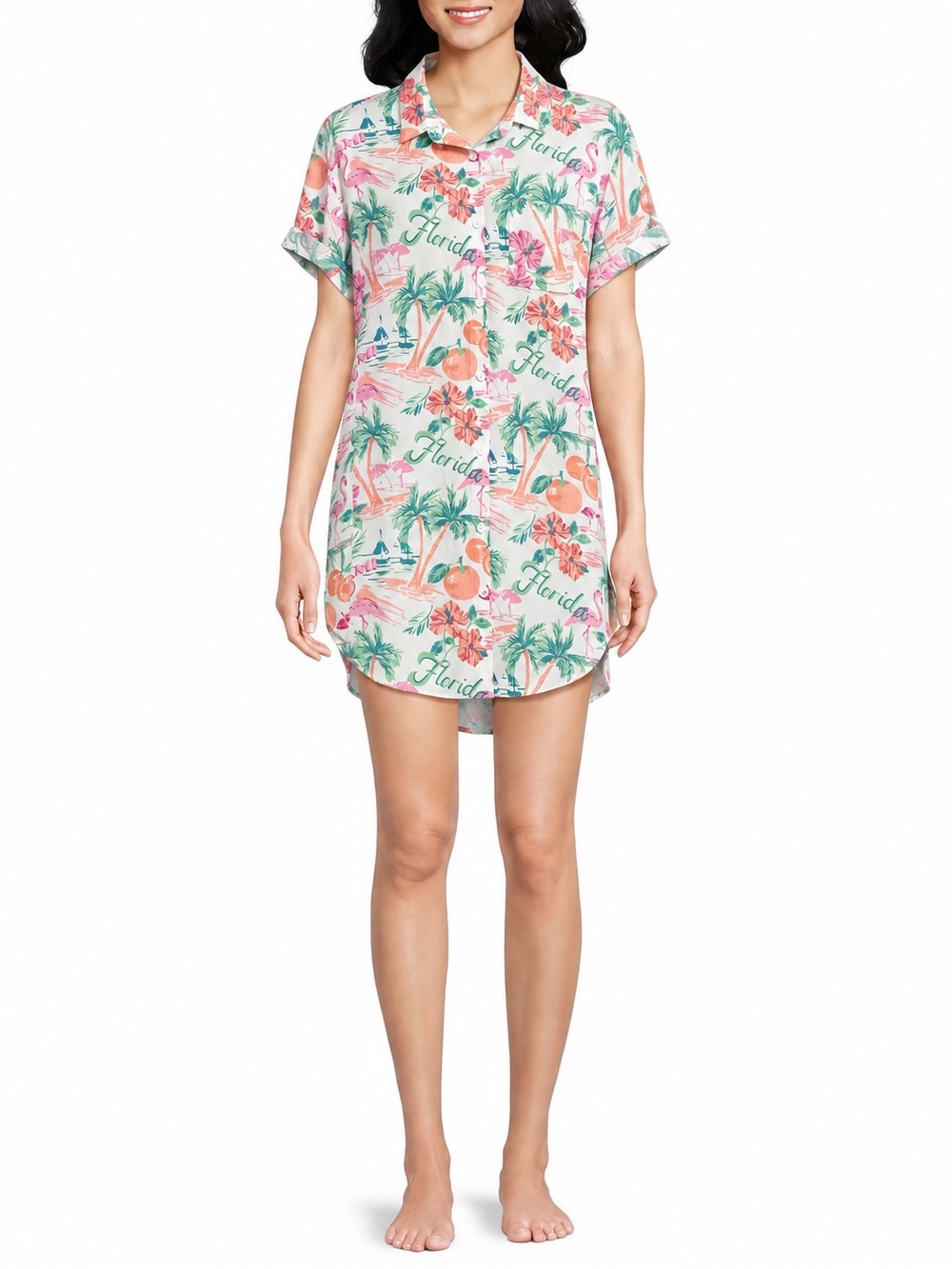Jasmin and Ginger Button Front Collar Flamingo Stamp Print Sleepshirt